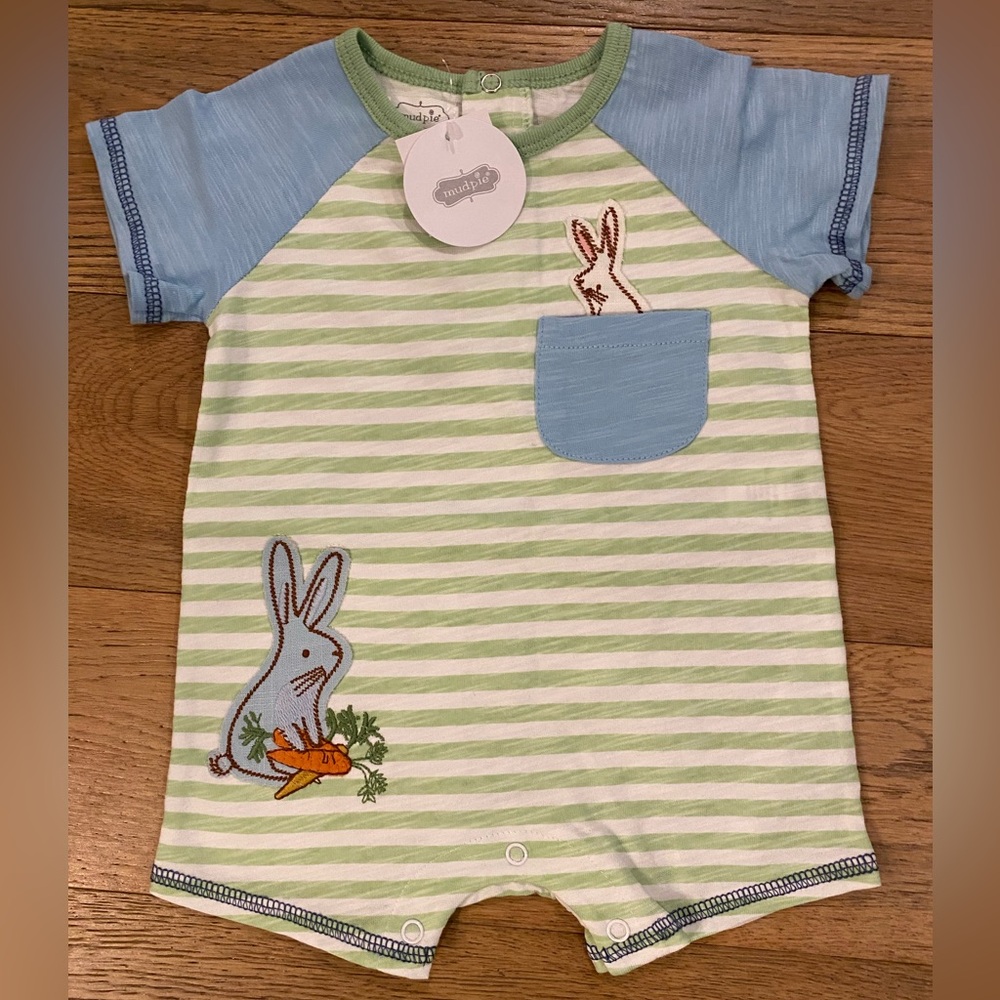 Mud Pie Striped Baby Romper with Bunny Design in blue and green size 3-6m NWT